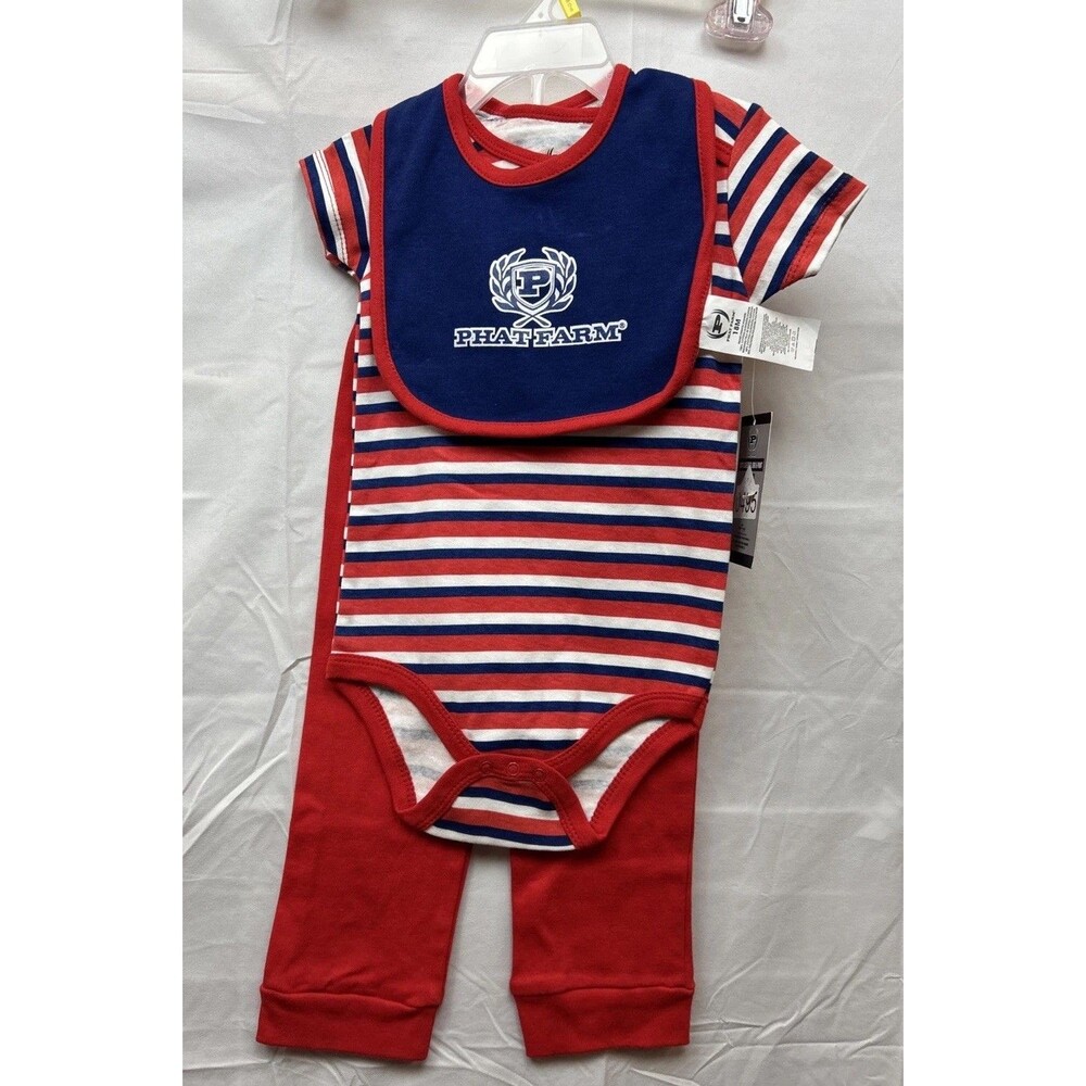 Phat Farm Bay Boys 18Month 3Pc Creeper Bib Pants Set Red Blue Bodysuit New